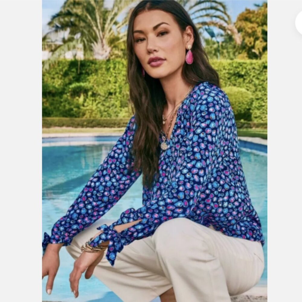 Lilly Pulitzer NWT Silk Esia Top XL Seabreeze Blue Low Tide Navy Spotted Blouse